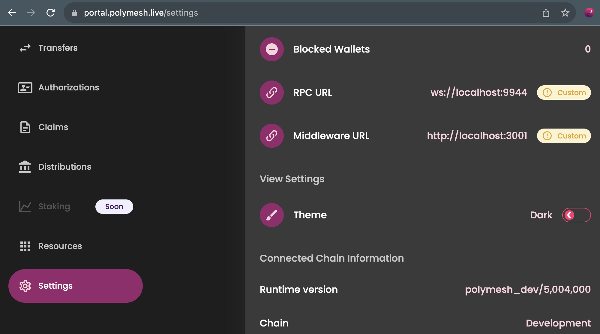 Setting localhost in Polymesh Portal Settings